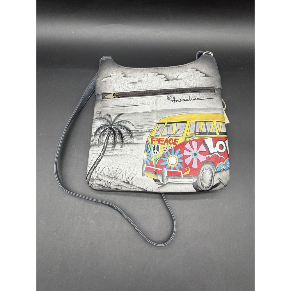 Anna Anuschka Leather Bag Hand Painted Happy Camper Peace Van Purse NWT - Picture 2 of 14